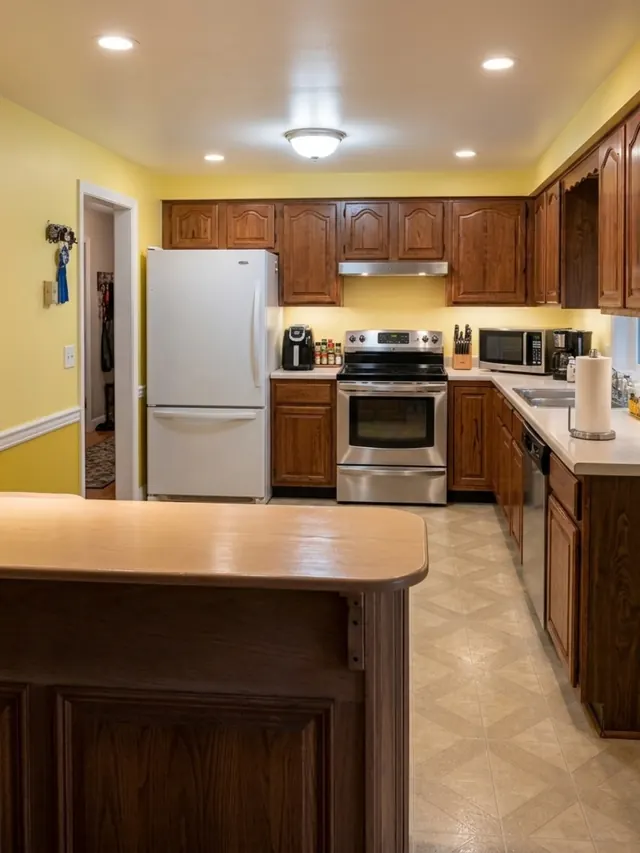 Kitchen before the remodel with cherry cabinets, yellow walls and tile floor