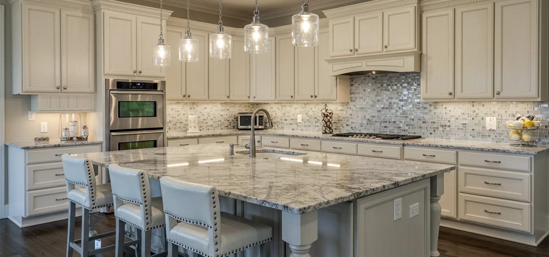 Remodeled kitchen with granite island and custom cabinets by Mr. Gomes Remodeling in Massachusetts