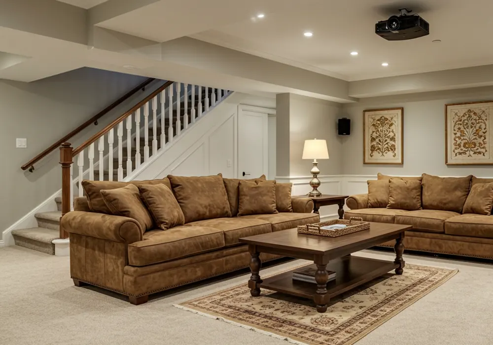 Finished basement family room with staircase by Mr. Gomes Remodeling in Massachusetts