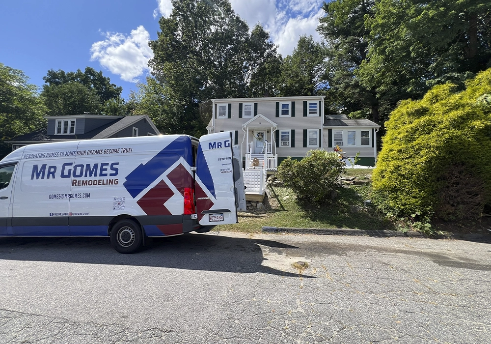 Mr. Gomes Remodeling truck on a job site in Central Massachusetts, 2020